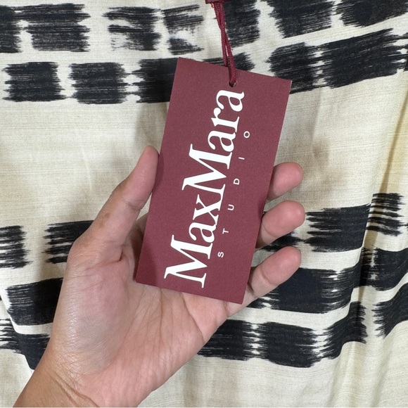 MaxMara Studio Ivory Black Scratched Stripe Print Sleeveless Dress Size 48 - Picture 6 of 16